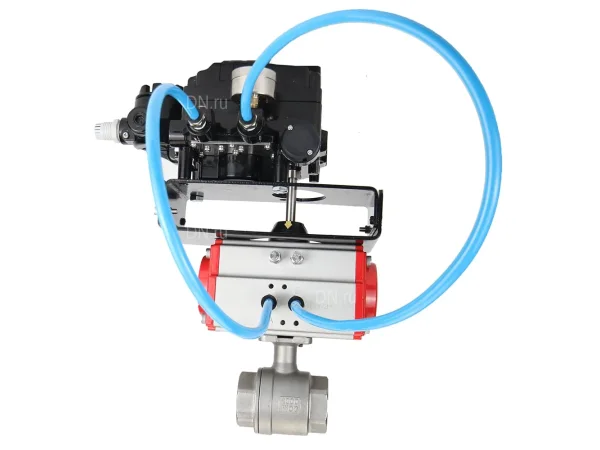 Кран шаровой DN.ru BV3232P(2pc)-FP-T-ISO-H Ду25 Ру63, полнопроходной внутренняя резьба, нержавеющая сталь SS316, уплотнение - PTFE, с пневмоприводом PA-DA-065 двойного действия и с электропневматическим поворотным позиционером YT-1000RSN с обратной связью