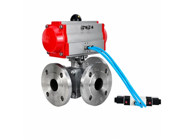 Кран шаровой DN.ru Ду80 PN16 HYMT, трехходовой L-тип, полнопроходной, фланцевый, корпус - нержавеющая сталь SS316, с пневмоприводом PA-DA-105 и пневмораспределителем 4V320-08 AC220V (BV3232P(2pc)-FP-3WL-F-ISO-H)