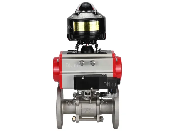 Кран шаровой DN.ru BV3232P(3pc)-FP-F-ISO-H Ду80 Ру25 фланцевый, полнопроходной, трехсоставной, корпус - нержавеющая сталь SS316, уплотнение - PTFE, с пн.приводом DN.ru PA-DA-105 пн.распределителем 4M310-08 DC24V и БКВ APL-510N-EX
