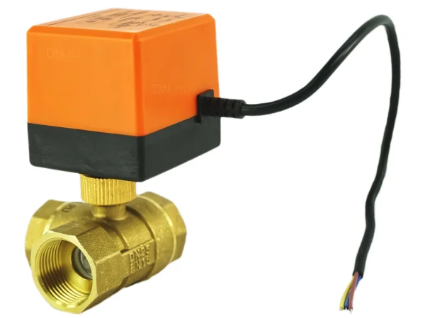 Кран шаровой DN.ru BV0030NP-SP-3L-T-ED Ду25 Ру16 стандартнопроходной, L-тип, трехходовой, латунь, внутренняя резьба, уплотнение - нитриловый каучук / PTFE, с электроприводом 220В без концевых выключателей
