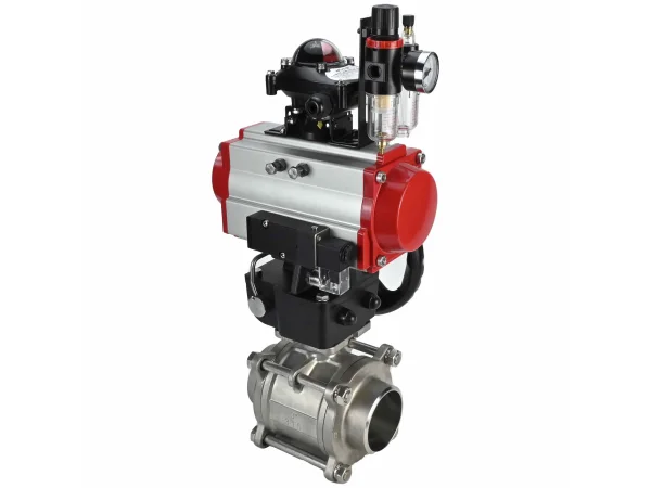 Кран шаровой DN.ru BV3232P(3pc)-FP-W-ISO-H Ду65 Ру25, полнопроходной под приварку, нержавеющая сталь SS316, PTFE, с пневмоприводом PA-DA-083, с пневмораспределителем 4M310-08 DC24V, с БКВ APL-210N, с ручным дублером MON2-450-T28-ISO, с БПВ AFC2000