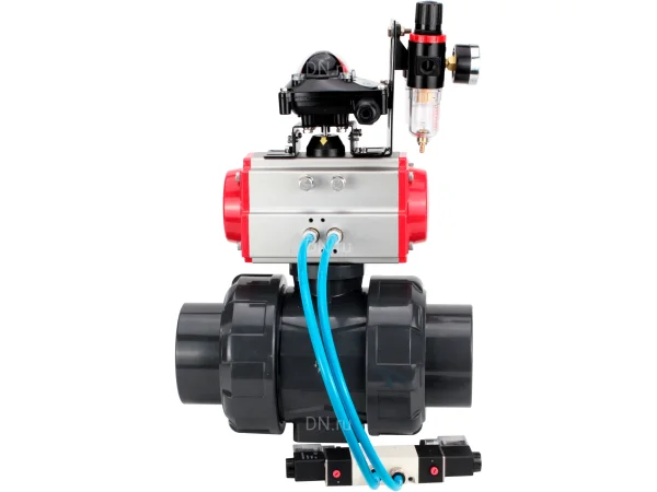 Кран шаровой DN.ru BV4242E-FP-GRM-ISO Дн100 Ру10 полнопроходной, корпус - НПВХ, шар - НПВХ, уплотнение - EPDM, с пневмоприводом PA-SA-083, пневмораспределителем 4V320-08 AC220V, БКВ APL-210N и БПВ AFC2000