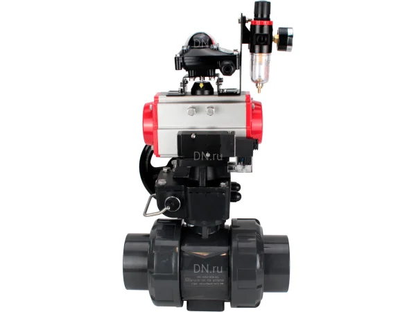 Кран шаровой DN.ru BV4242E-FP-GRM-ISO Дн100 Ру10 полнопроходной, корпус - НПВХ, шар - НПВХ, уплотнение - EPDM, с пневмоприводом PA-DA-065, пневмораспределителем 4M310-08 AC220V, ручным дублером MON1-250-T26-ISO, БКВ APL-210N и БПВ AFC2000