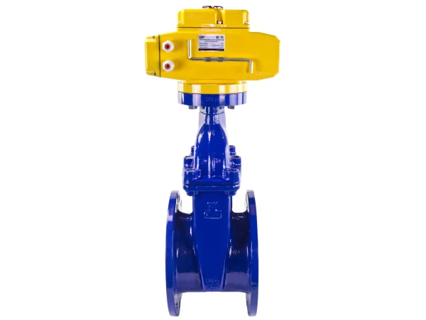 Задвижка клиновая 30ч939р (аналог МЗВ) DN.ru GVWN1414E-2W-F Ду200 Ру10 фланцевая,клин - обрезиненный, шпиндель - невыдвижной, корпус - чугун GGG-50, уплотнение - EPDM, цвет - синий, с электроприводом DN.ru MT-N-020EM-О1-380VAC-У1