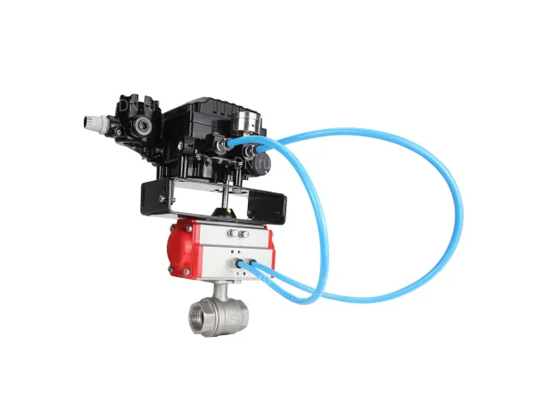 Кран шаровой DN.ru BV3232P(2pc)-FP-T-ISO-H Ду25 Ру63, полнопроходной внутренняя резьба, нержавеющая сталь SS316, уплотнение - PTFE, с пневмоприводом PA-DA-065 двойного действия и с электропневматическим поворотным позиционером YT-1000RSN с обратной связью