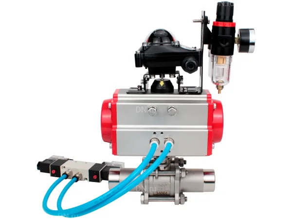 Кран шаровой DN.ru BV3232P(3pc)-FP-W-ISO-H LONG Ду80 Ру25 полнопроходной, корпус - нержавеющая сталь 316, уплотнение - PTFE, под приварку, с пневмоприводом DN.ru PA-SA-130, пневмораспределителем 4V320-10 AC220V, БКВ APL-210N и БПВ AFC2000