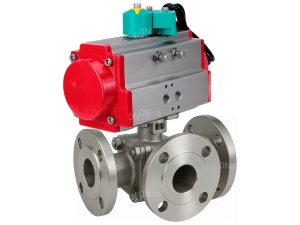 Кран шаровой DN.ru Ду80 PN16 HYMT, трехходовой L-тип, полнопроходной, фланцевый, корпус - нержавеющая сталь SS316, с пневмоприводом PA-DA-105 и магнитным переключателем ALS200D (BV3232P(2pc)-FP-3WL-F-ISO-H)
